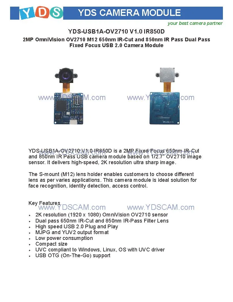 Yds-USB1a-Ov2710 V1.0 IR850d 2MP Ov2710 M12 850nm Dual Pass Fixed Focus USB 2.0 Camera Module