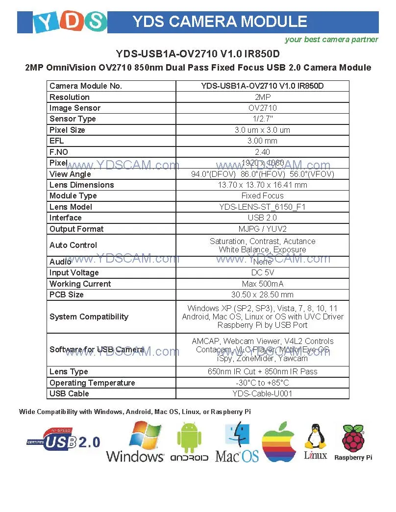 Yds-USB1a-Ov2710 V1.0 IR850d 2MP Ov2710 M12 850nm Dual Pass Fixed Focus USB 2.0 Camera Module