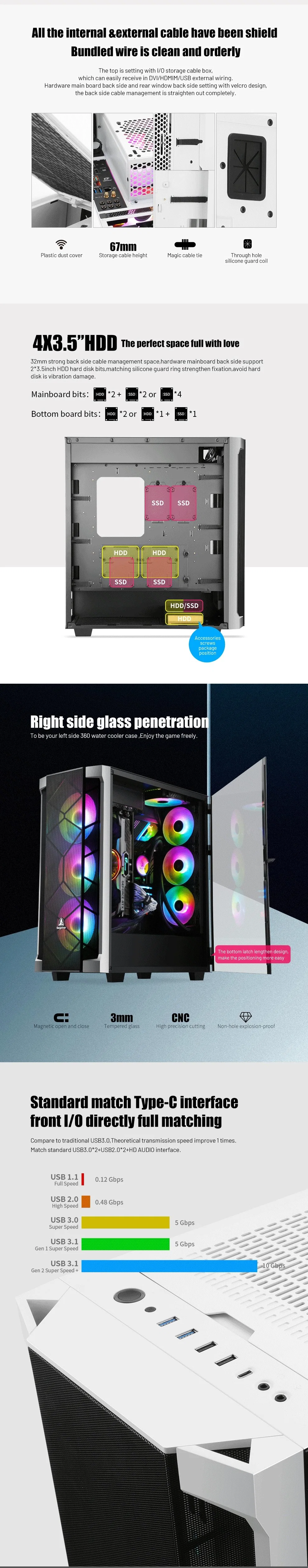 Full-Tower PC Gaming Case, Tempered Glass Side Panel, Cable Management/Optional 360mm Water Cooling, Supports 7 Fans, Front I/O USB 3.0 Type-C Port,High End GPU